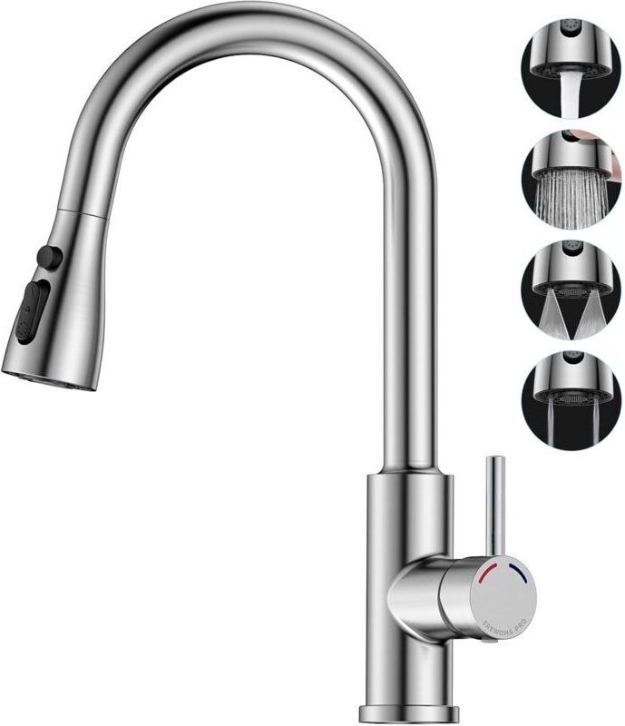 Küchenarmatur mit ausziehbarer Brause – PRO Faltbare Mischbatterie für Küchenspülen mit 4 Strahlarten, 360° schwenkbar