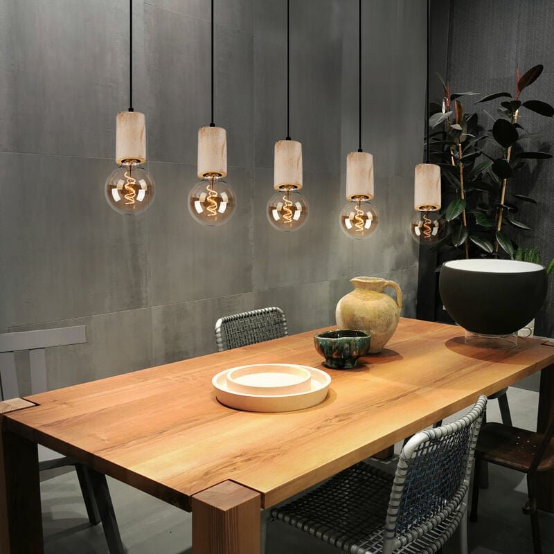 Hängelampe Holzlampe Deckenlampe Wohnzimmer schwarz Pendelleuchte 5 Flammig, Metall naturfarben, Fassungen 5x E27, LxBxH...