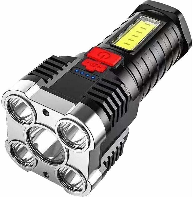 Die helle Fünfkern-Taschenlampe kann über USB mit großer Reichweite aufgeladen werden.