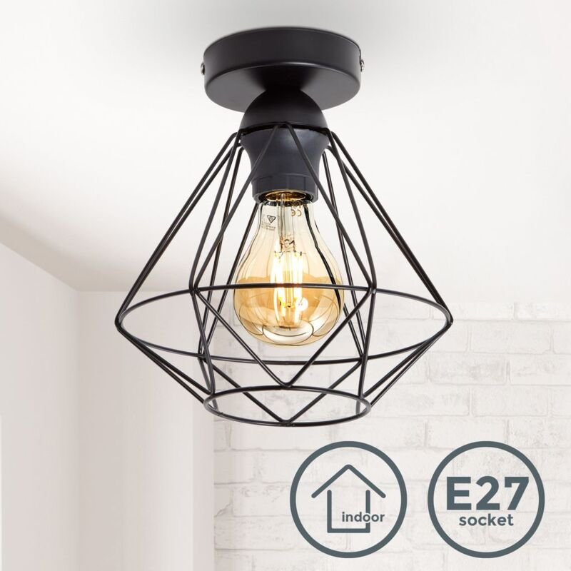 Deckenleuchte Ø22 cm - E27 Fassung, retro, Drahtkorpus, schwarz