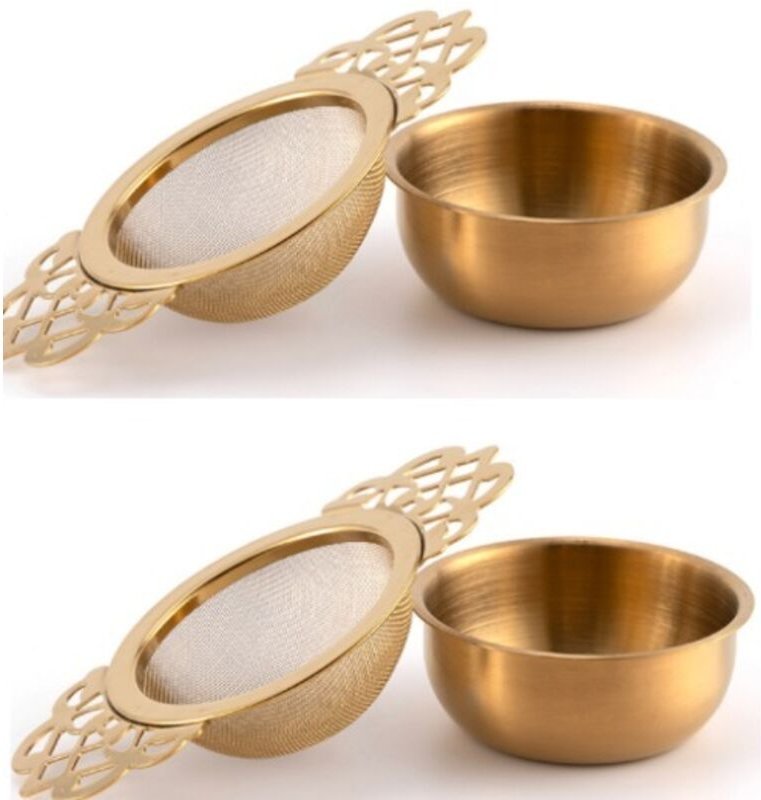 Teesieb aus Edelstahl mit Schale, 2er-Set Teefilter aus Edelstahl mit tropffreier Schale und Doppelgriff – Gold