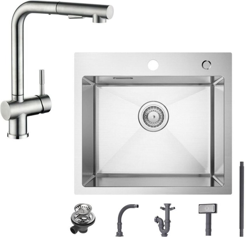 Spülbecken mit 1 Becken 50×45CM Edelstahlspüle Gebürstete + Küchenarmatur mit 2 Strahlarten Gebürstete ausziehbarer Spül...