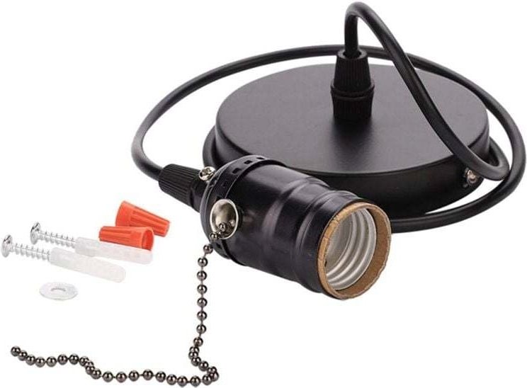 Vintage E27 Pendelleuchtenfassung mit Lampenfuß für Deckenmontage mit Zugkette (Perlschwarz)