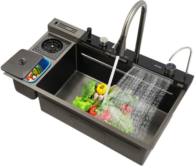 Küchenspüle, Küchenspüle mit Nano-Finish in Schwarz, Edelstahlspüle im Wasserfall-Design, Einbeckenspüle, Spüle mit Klav...