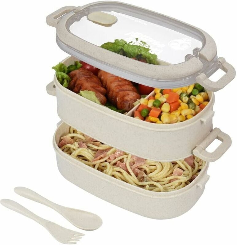 ZVD Beige 2-stöckige Lunchbox mit Besteck, luftdichte Bento-Box. Ideal für Picknicks und die Arbeit. Mikrowellen- und sp...