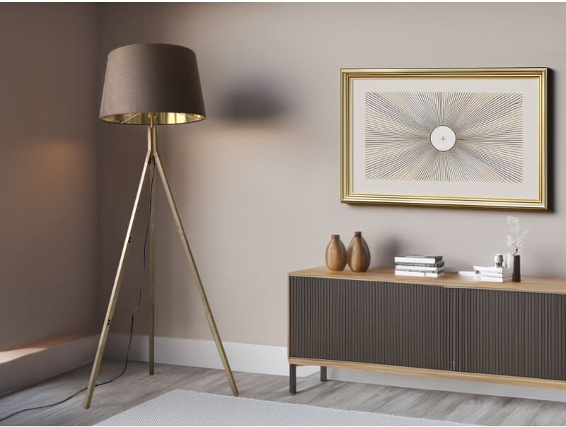 Meinewunschleuchte - Stehlampe mit Dreibein aus Holz, Samtschirm Braun Gold, Höhe 157cm