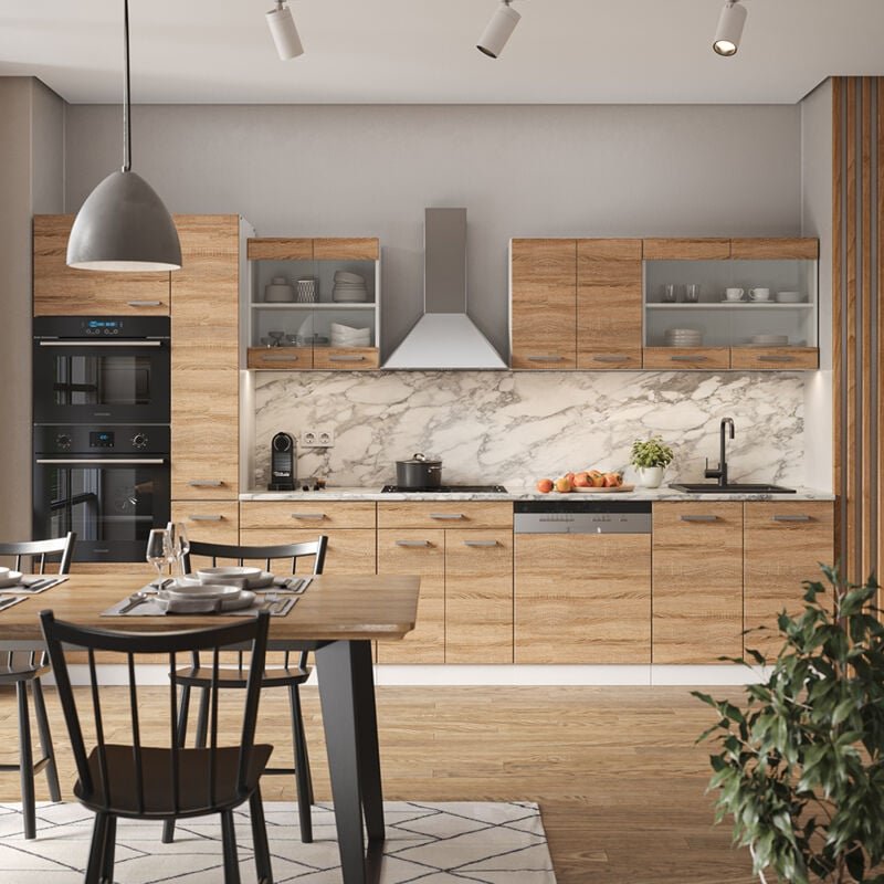 Vicco - Küchenzeile R-Line, Sonoma/Weiß, 350 cm mit Hochschrank, ohne Arbeitsplatte