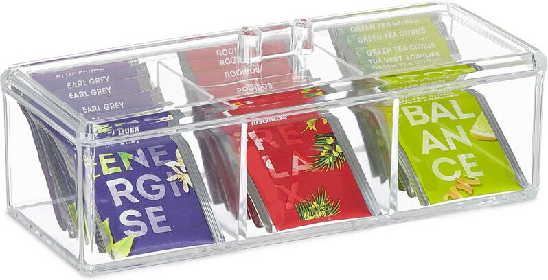 Teebox, Teeaufbewahrungsbox mit 3 Fächern, hbt 9 x 23 x 9,5 cm, Kunststoff, Vorratsbox mit Deckel, transparent - Relaxda...