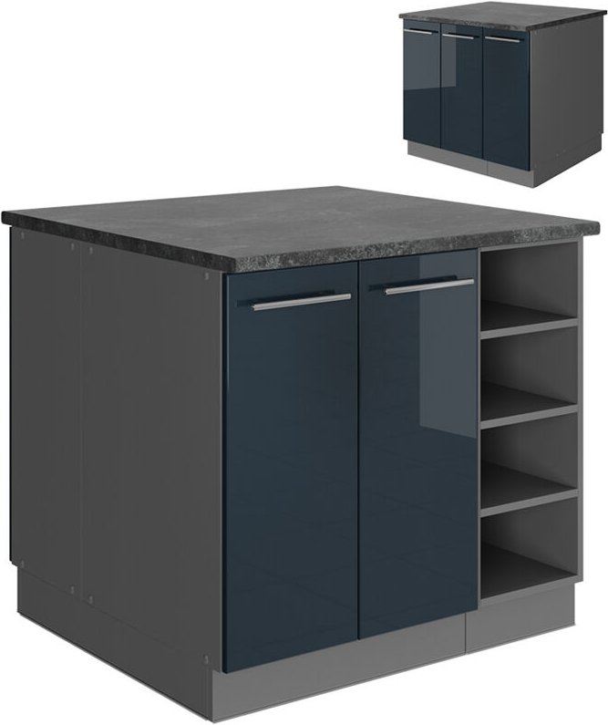 Vicco - Kücheninsel Fame-Line, Dunkelblau Hochglanz/Anthrazit, 90 cm ohne Arbeitsplatte