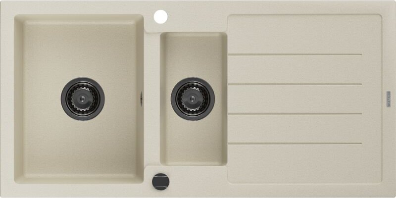 Andres 1,5-Becken-Granitspüle mit Abtropffläche 1000 x 500 mm, Beige, Siphon Schwarz - 6515101 - Mexen