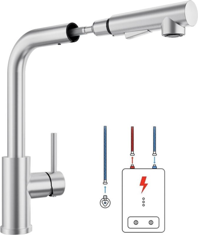 Thumbnail - Niederdruck Küchenarmatur 360° Drehbar, Wasserhahn Niederdruck Einhebelhahn aus Edelstahl, Spülenmischer Mischbatterie U...