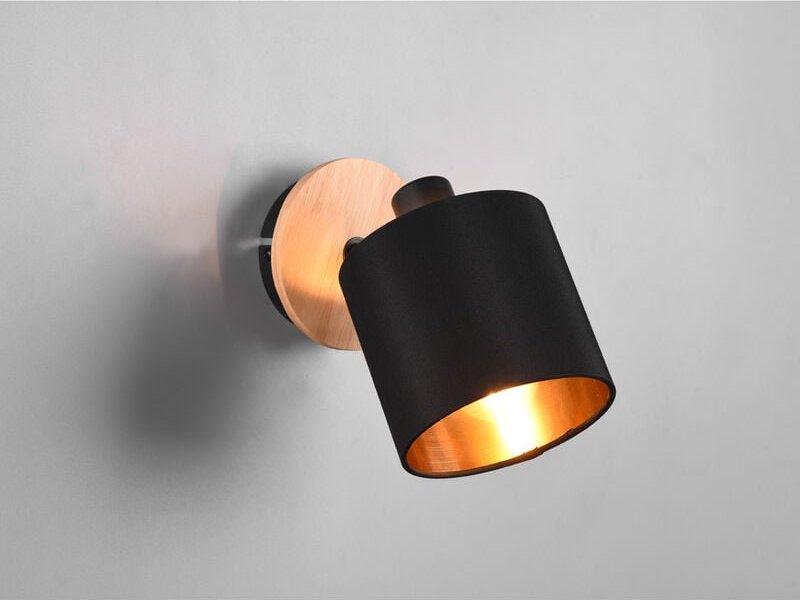 Wandstrahler tommy Holz mit Stoffschirm Schwarz / Gold, Breite 12cm