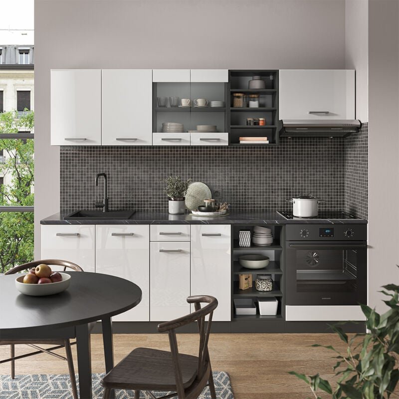 Küchenzeile R-Line, Weiß Hochglanz/Anthrazit, 240 cm ohne Arbeitsplatte, Vicco