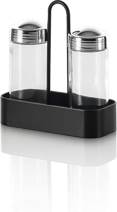 Set Salz und schwarzer Pfeffer mit Glasbehältern und Metallhalterung