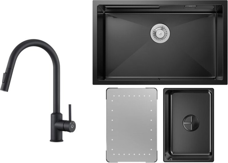 Küchenspüle 1.5 Becken 70x44cm EdelstahlSpüle Anthrazitschwarz Unterbauspüle + Ausziehbarer Küchenarmatur Schwarz Mit 2 ...