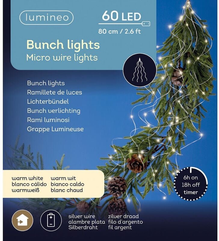 Lumineo Batterie Micro LED Lichterkette Lichterbündel 80 cm 60 Lichter warmweiß
