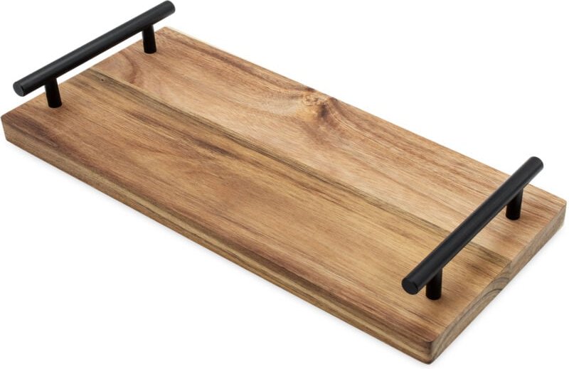 Serviertablett aus Akazienholz mit Griffen lebensmittelecht - 37 x 17 cm - Holz Kerzenbrett rechteckig mit Metall Trageg...