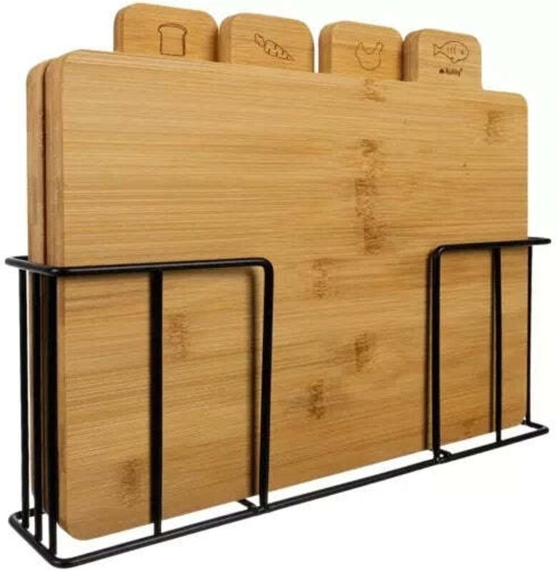 Thumbnail - Schneidebrett-Set mit Ständer, Bambus - 5-teilig