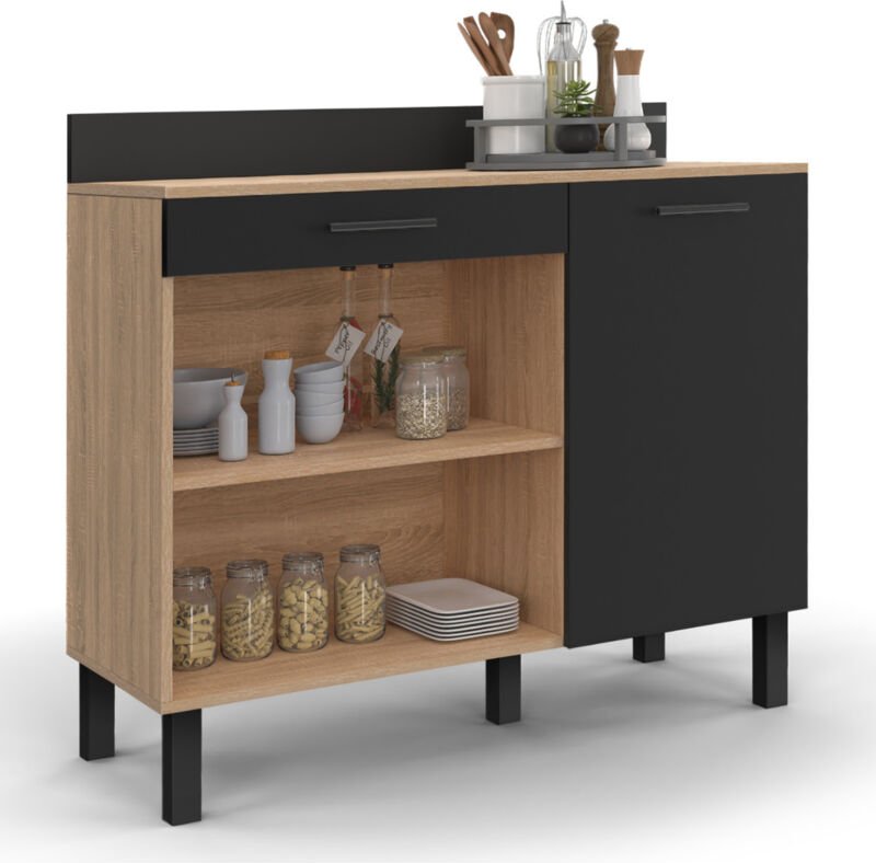 Küchenbuffet 100 cm cina Arbeitsplatte H.83 cm 1 Tür + 1 Schublade in Buchenholzoptik und Schwarz