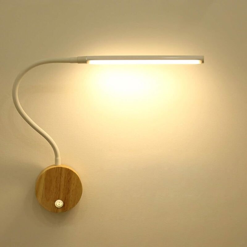Wandleuchte aus Holz mit Schalter, weiße Leselampe, 6-W-LED-Wandleuchte, Nachttischlampe mit 40 cm Schwanenhals, moderne...