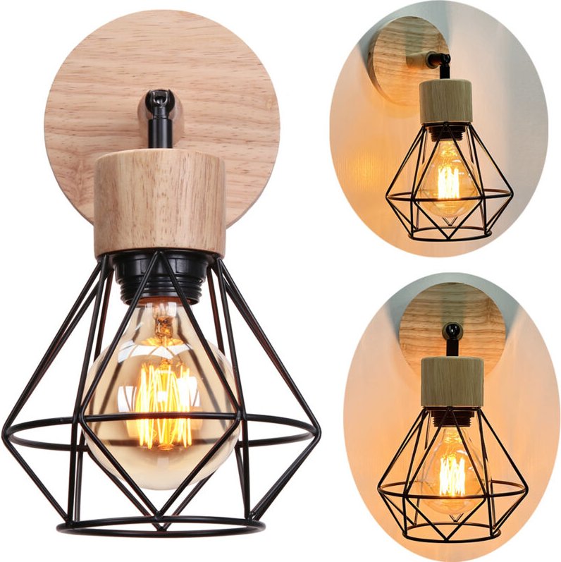 STOEX Wandlampe Holz Retro Wandleuchte Diamant Käfig E27 für Flur Wohnzimmer Schlafzimmer Cafét Küche - Schwarz