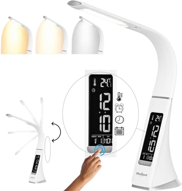 LED-Schreibtischlampe mit Nachtlicht, einstellbarem LCD-Display, Wecker, 7 W, USB-Anschluss und Rebel-Technologie