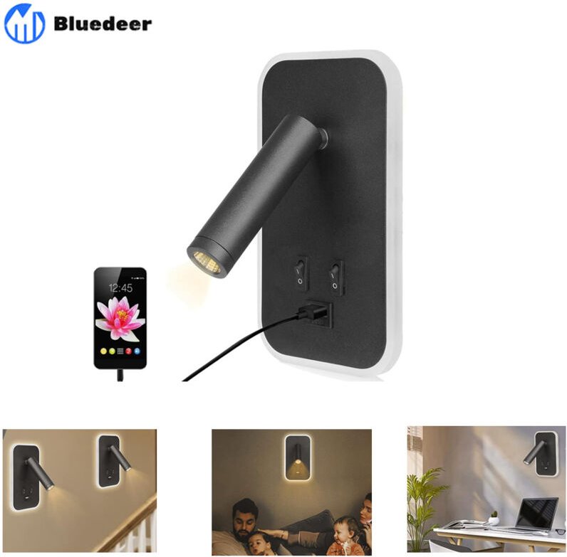 LED-Wandleuchte, Nachttisch-Leseleuchte mit Schalter, USB-Ladeanschluss, einstellbare Stimmungsbeleuchtung für Schlafzim...