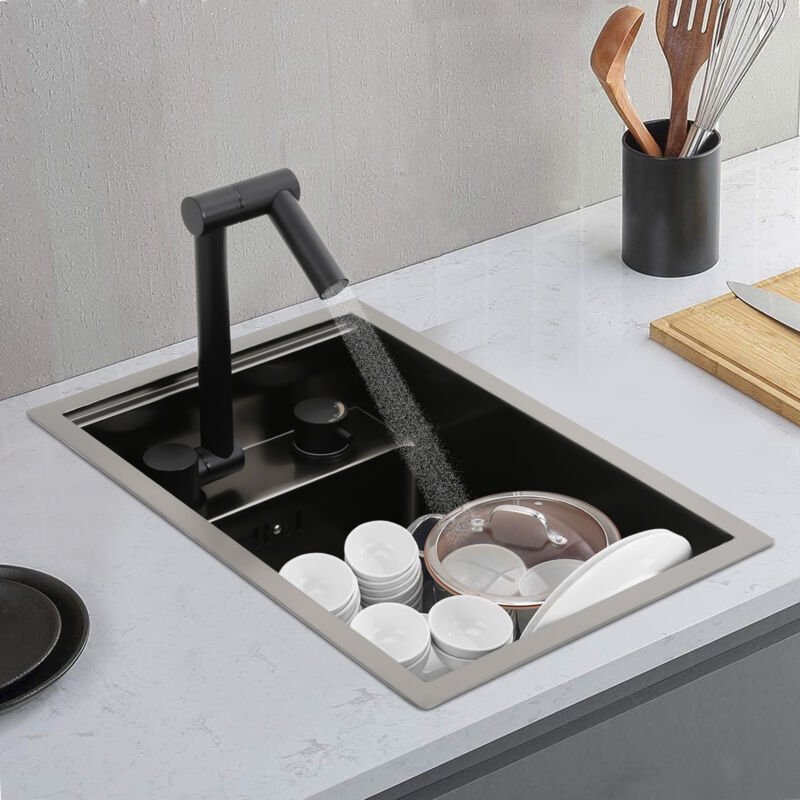 Edelstahlspüle mit Wasserhahn, Einbauspüle, Einbeckenspüle mit verdeckter Spüle