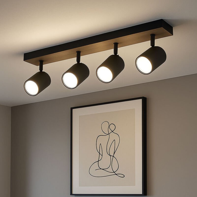 Globo Lighting - Deckenlampe Deckenleuchte 4 flammig beweglich Spotleuchte schwarz Holzoptik mit verstellbaren Spots, Me...