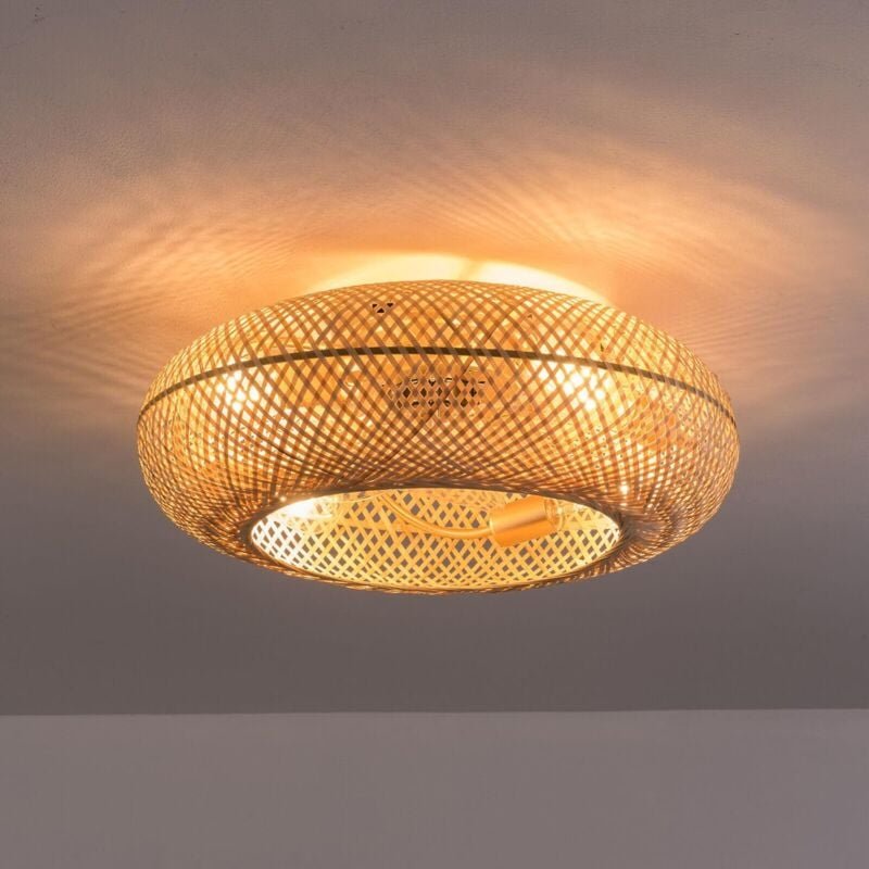 Deckenventilator mit Beleuchtung Antike Bambus Deckenlampe Retro Kreative Rattan Lampenschirm Kronleuchter E27 Handgeweb...