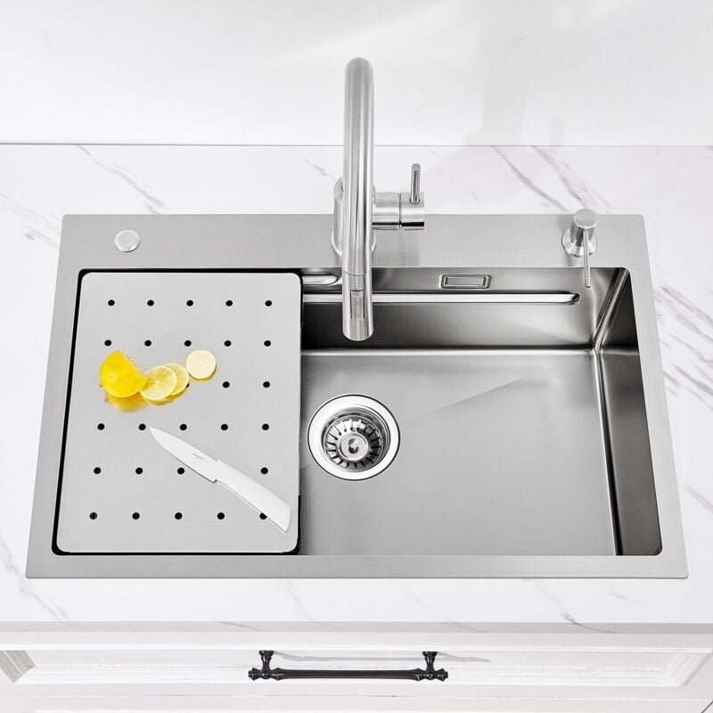 CECIPA 70 x 45 CM Edelstahl-Küchenspüle, Überbauspüle, geprägte Küchenspüle mit Seifenspender, Abtropffläche, kleines Wa...