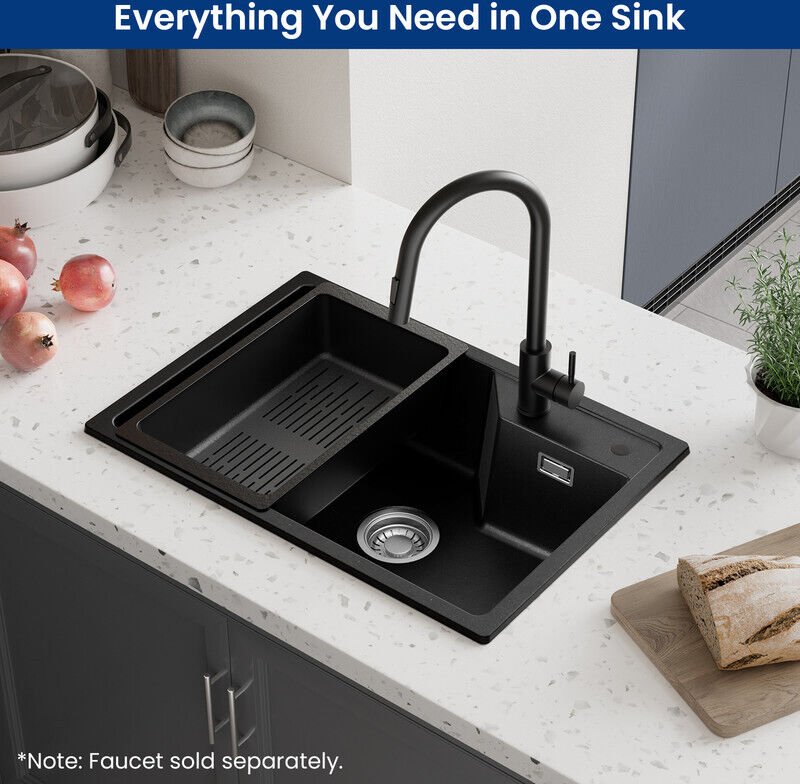 Sofetiy Max 65 x 45 cm Granitspüle, Küchenspüle Granit mit Abtropfkorb, Aufsatzspüle für die Küche, mit Siphon Ab- und Ü...