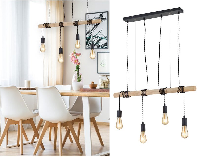 Meinewunschleuchte - Ausgefallene led Pendelleuchte aus Metall schwarz & Naturholz 4 flammig