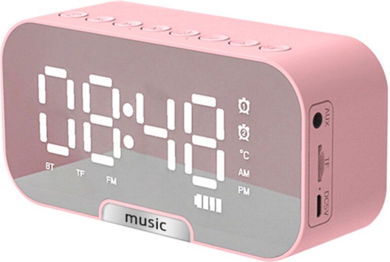 Sveglia digitale con superficie a specchio, altoparlante Bluetooth, radio FM e display della temperatura. Doppio allarme...