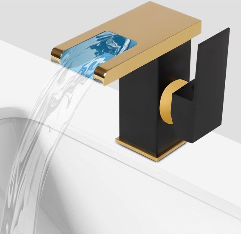 Wasserhahn mit Licht Bad, LED Wasserfall Badezimmer Wasserhahn Schwarz&Gold Led Licht 3 Farben Ändern Auslauf Waschtisch...