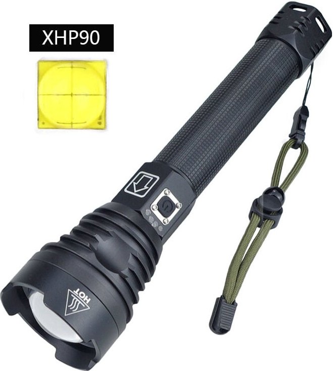 26650 hohe Lumen XHP90 LED-Taschenlampe, wiederaufladbare XHP90 taktische LED-Taschenlampe, helle Handlampe mit 3 Modi, ...