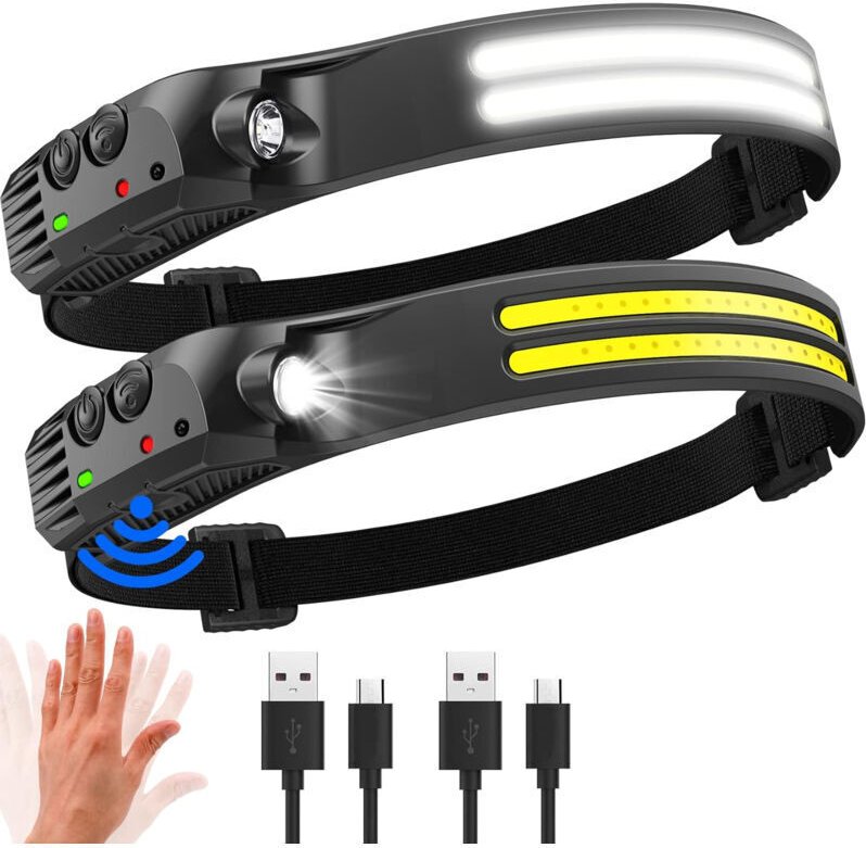 Extrem leistungsstarke LED-Stirnlampe, 2000 Lumen, 230° Abstrahlwinkel, USB-wiederaufladbare Stirnlampe mit Bewegungssen...