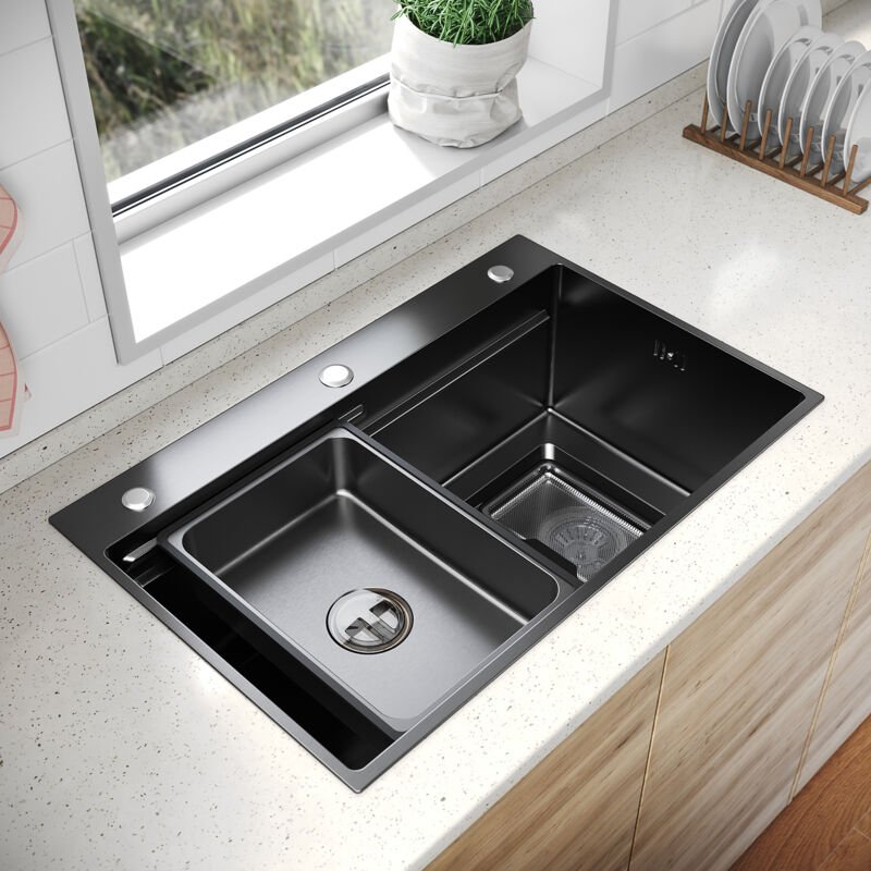 SONNI 304 SUS Edelstahl Küchenspüle mit 1 Becken, Einbecken Unterbauspüle mit Abtropfkorb Rechteckigem Abfallsieb 3 Loch...