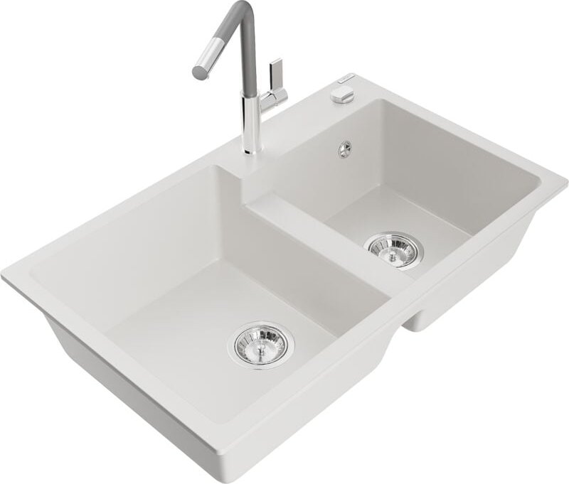 Mexen Tomas 2-Becken-Granitspüle mit Mischbatterie Flora, Weiß - 6516-20-670401-06