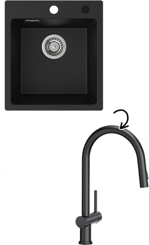 Cecipa Max - cecipa Granitspüle 40 x 45 cm Küchenspüle schwarz + 42,5cm Küchenarmatur, schwarz ausziehbarer Spülbeckenha...