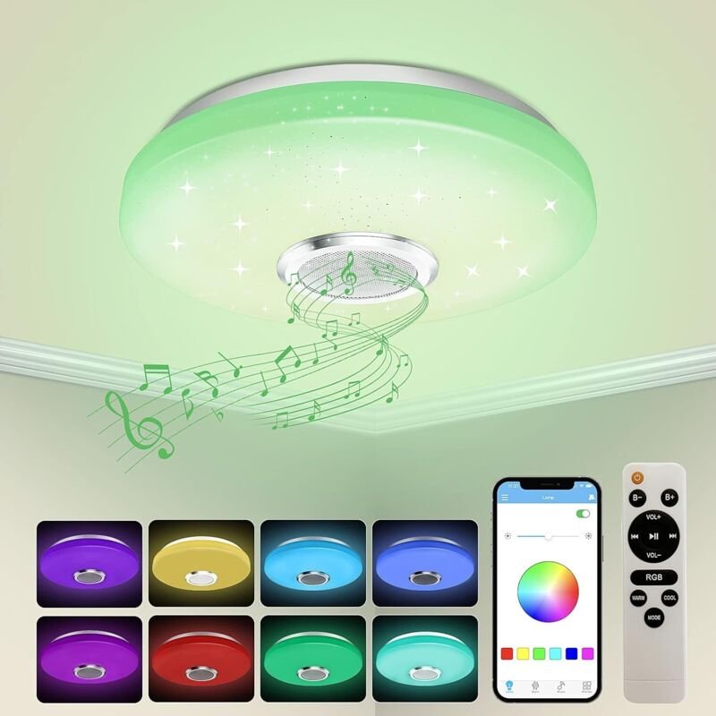 Dimmbare 72-W-LED-Deckenleuchte mit Bluetooth-Lautsprecher, Fernbedienung/App-Steuerung, RGB-Farbwechsel, geeignet für K...