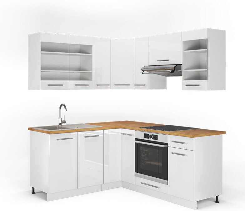 Eckküche Fame-Line, Weiß Hochglanz/Weiß, 160 x 190 cm , AP Eiche, Vicco