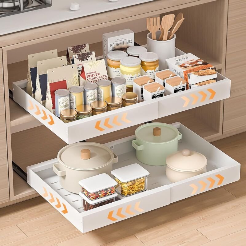 2 selbstklebende, ausziehbare Küchenschubladen 32–53×43×7 cm, verstellbar, kein Bohren erforderlich, weiß.