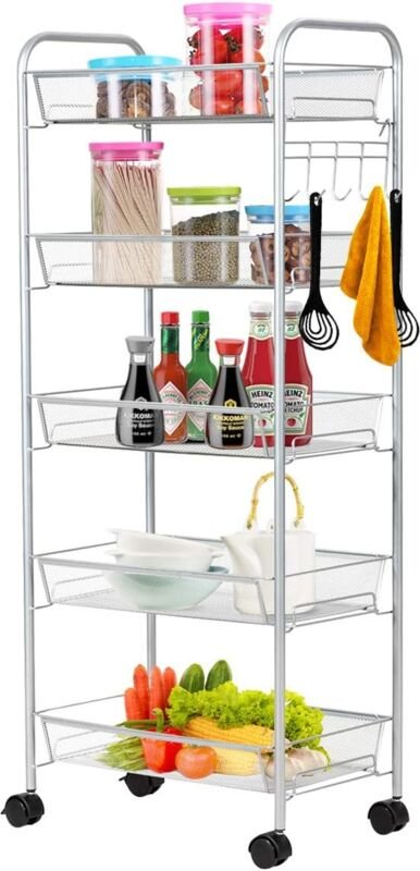 COSTWAY Chariot de Service à roulettes, Chariot de Cuisine avec Panier de Rangement en Maille Métallique à 5 Niveaux, Ro...
