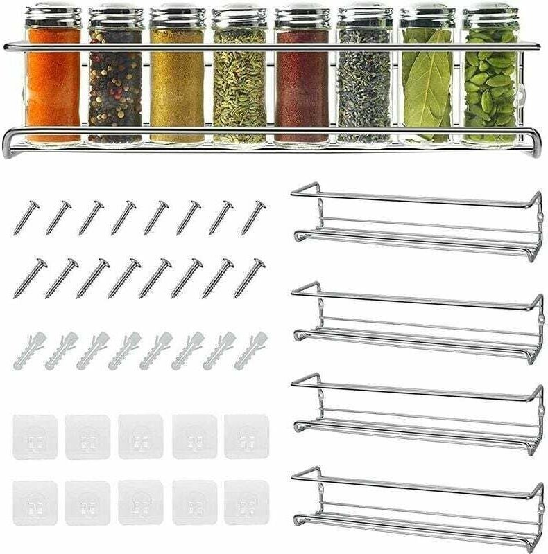 Wandgewürzregal aus Metall, 4er-Set, selbstklebendes Küchengewürzregal ohne Bohren, Gewürzhalter, ideal für Schrank, Wan...