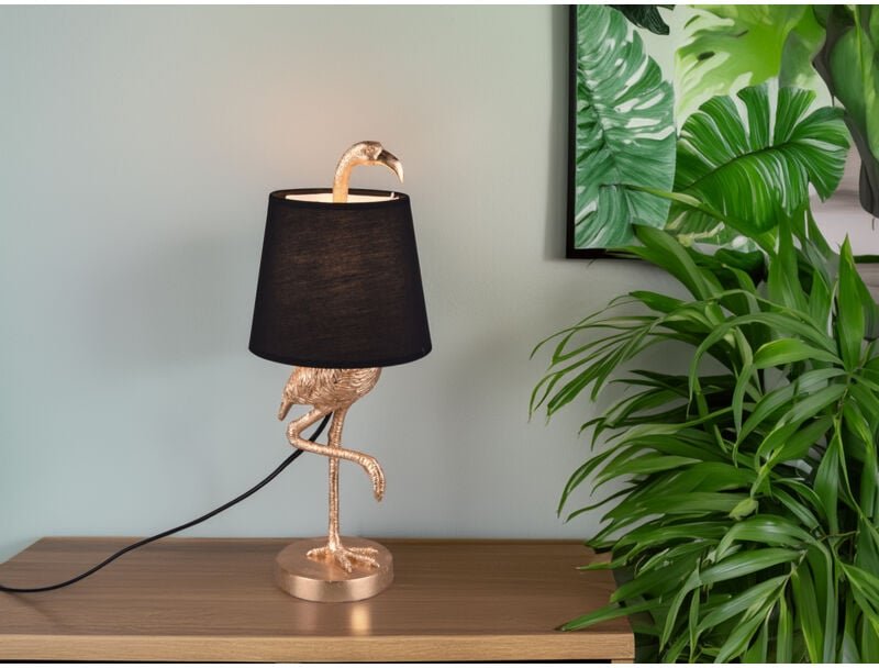 Retro Tischleuchte lola Flamingo Gold mit Stoffschirm in Schwarz, Höhe 42cm