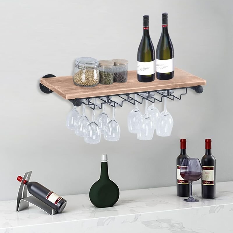 Weinregal mit Glashalter Holz Weinflaschenhalter Wandmontage Weinhalter Weinregale 24 Zoll Flaschenregal Retro Weinglash...
