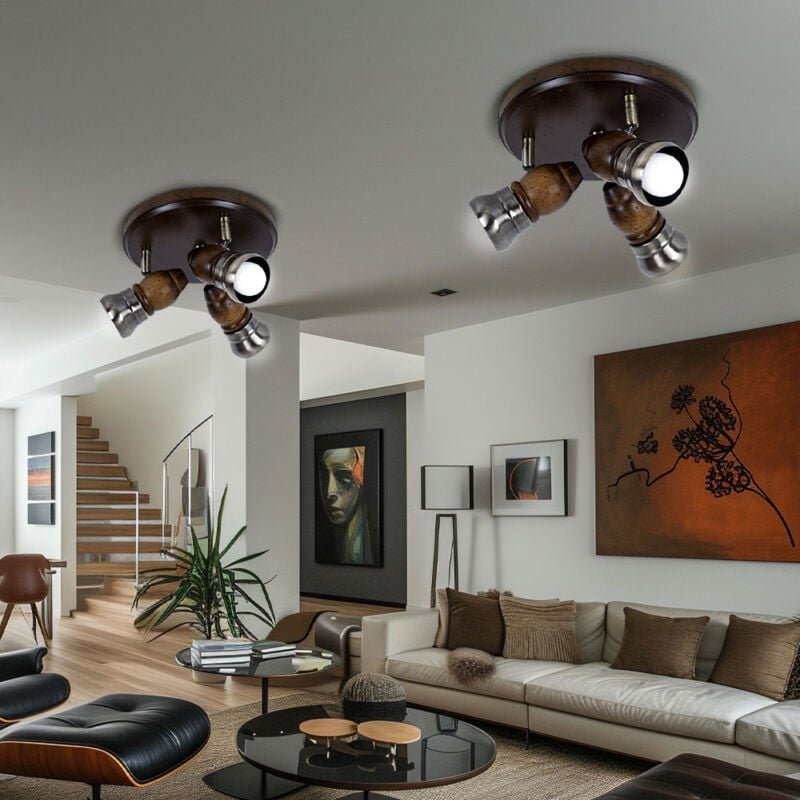 Deckenleuchte Holz Rustikal Deckenleuchte Wohnzimmer Vintage Deckenlampe Holz Rustikal, schwenkbar, Metall messing, 3x E...