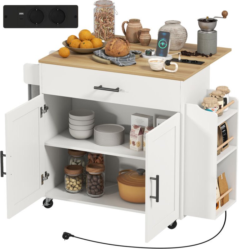 Kücheninsel, Küchenwagen auf Rollen, mit abklappbarer Arbeitsplatte, Schublade, Ablage, 120 x 68 x 85 cm, Weiß