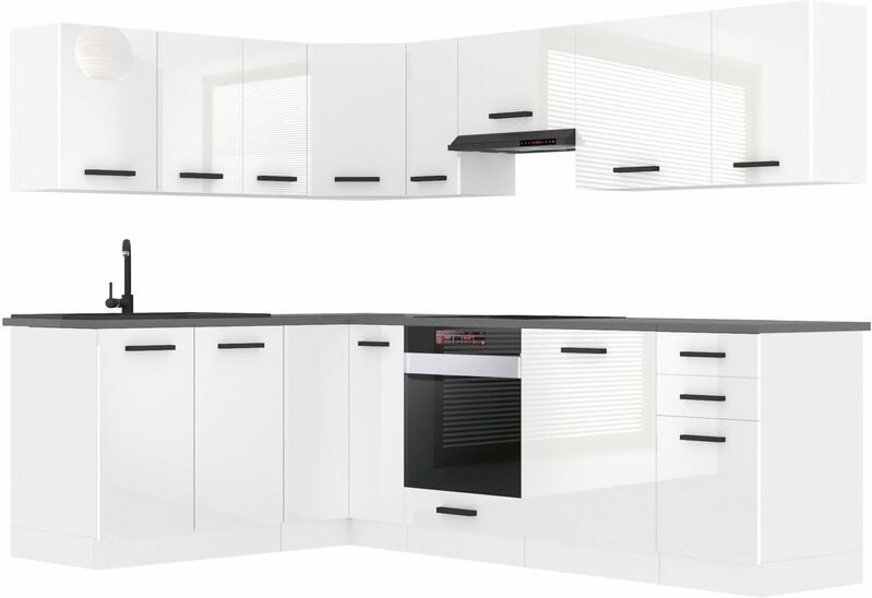 Belini Küchenzeile Küchenblock Küche L-Form Janet Küchenmöbel mit Griffe, Einbauküche ohne Elektrogeräten mit Hängeschrä...